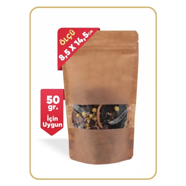 Doypack Kraft Pencereli Kilitli Doypack 8,5X14,5 (50 Gr.) - 50 Adet