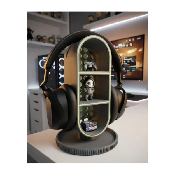 Elana Design Raflı Gamer Kulaklık Standı & Masa Üstü Organizer - (1 Adet Mini Figür Hediyeli) - Galaksi Gri