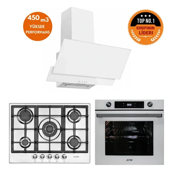 Eminçelik ve Afm Tech Markalı / Vera 5 Gözlü 1'wok Inox Beyaz Ankastre Set ( 22 380+ FM7701+FM3301)