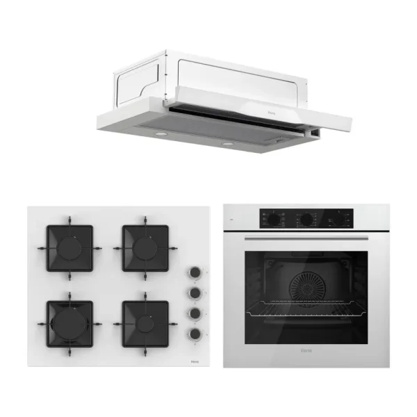 Ferre QBL62CB - SS206 -D037 60 cm Beyaz Cam Turbolu Aspiratörlü Ankastre Set - Yeni