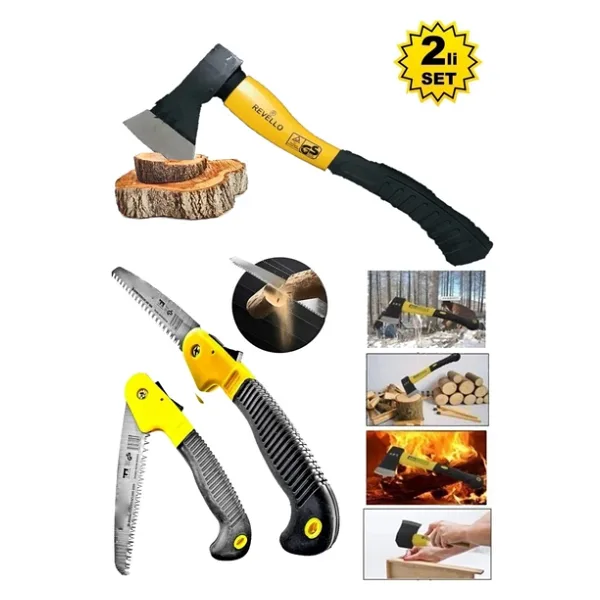 Fiber Saplı Balta Nacak + Kamp Odun Kesme + Katlanır Budama Testeresi Set