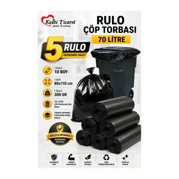 Kalbi Ticaret Kalın Çöp Torbası 300 gr X 5 Rulo Siyah Çöp Poşeti 80x110 Cm Jumbo Endüstriyel Çöp Torbası