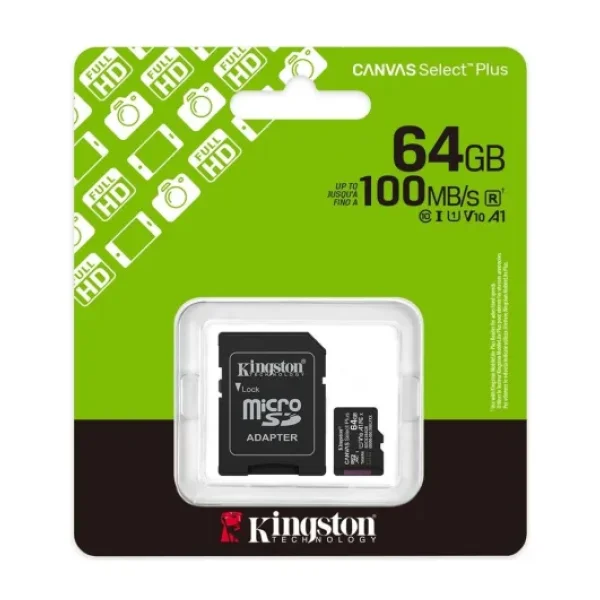 Kingston Canvas Select Plus SDCS3/64GB Class 10 UHS-I U1 A1 V10 64 GB Micro SD Kart