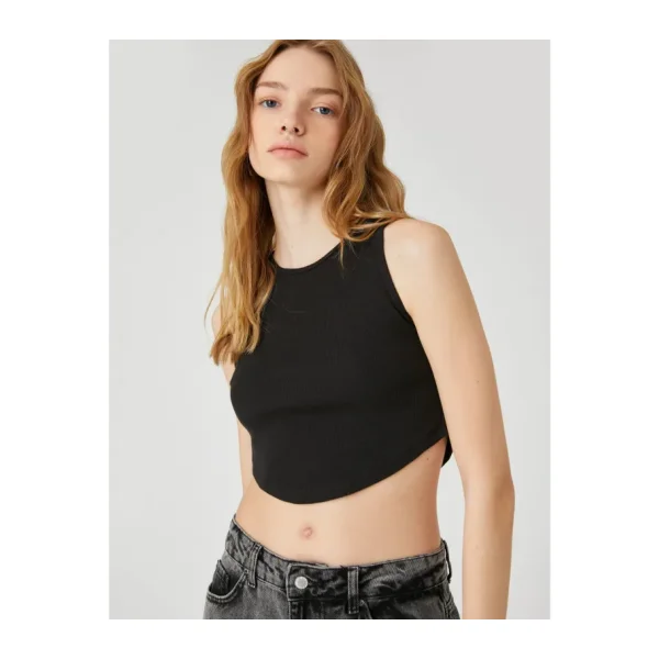 Koton Crop Atlet Bisiklet Yaka Fitilli Asimetrik Kesim - Siyah
