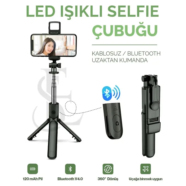 Led Işıklı Selfie Çubuğu Bluetooth Kumandalı Kablosuz Tripot Selfie Monopod Selfie Stick Siyah