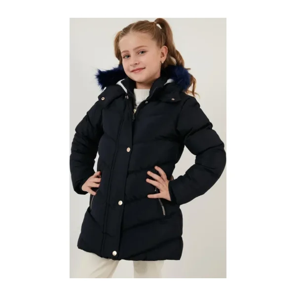 Lela 6035018 İçi Astarlı Kapüşonlu Kürklü Kız Çocuk Şişme Mont