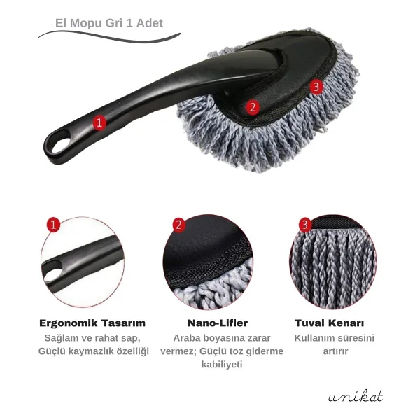 Makarna El Mopu Mini Mikrofiber Toz Alma ve Islak-Kuru Temizleme Fırçası 1 Adet Gri