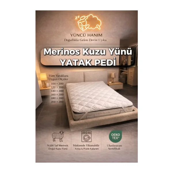 Merinos Kuzu Yünü Yatak Pedi, Yatak Koruyucu, Yatak Şiltesi (%100 MERİNOS KUZU YÜNÜ) - 120 x 200 cm