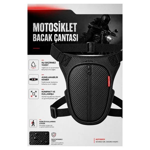 Motobros Karbon Desenli Deri Motosiklet Bacak Çantası 3 Gözlü (Su Geçirmez)