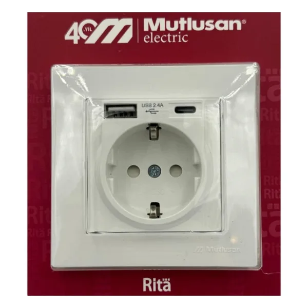 Mutlusan Rita Beyaz Usb + Type C Sarjli Toprakli Priz
