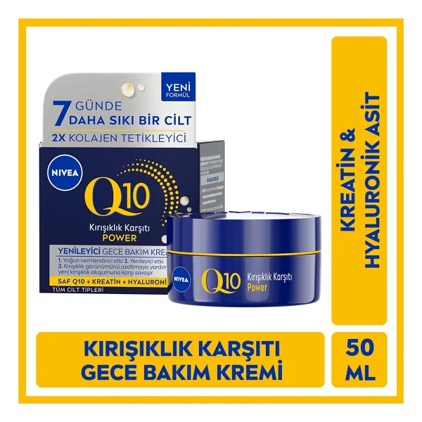Nivea Q10 Power Kırışıklık Karşıtı ve Yenileyici Gece Yüz Bakım Kremi 50ml, Nemlendirici, Hyaluronik Asit, Yaşlanma Karşıtı, Sıkılaştırıcı