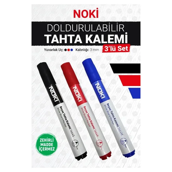 Noki Tahta Kalemi - Yazı Tahtası Kalemi Siyah Mavi Kırmızı 3'lü Paket-T1145