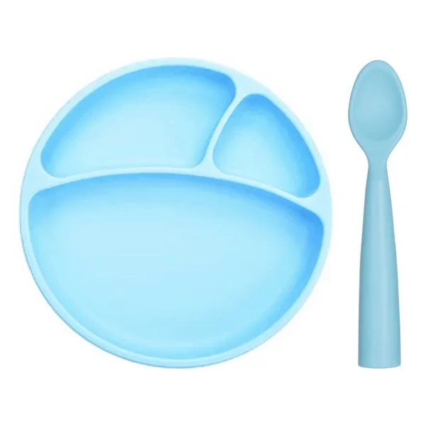 OİOİ Mavi Vakum Tabanlı Silikon Tabak ve Kaşık Set