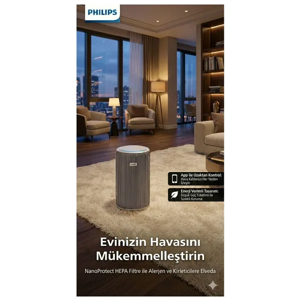 Philips Evcil Hayvan ve Geniş Salon Tipi Akıllı Hava Temizleyici Tüy Koku ve Duman Giderici Wi-Fi Kontrollü Enerji Tasarruflu Beyaz