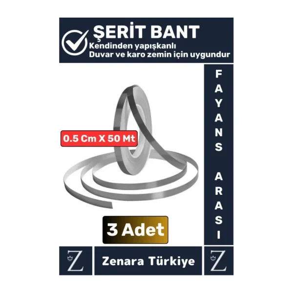 Premium Güçlü Kendinden Yapışkanlı Su Geçirmez Fayans Arası Şerit Derz Bant 0.5 Cm X 50 Metre 3 Adet