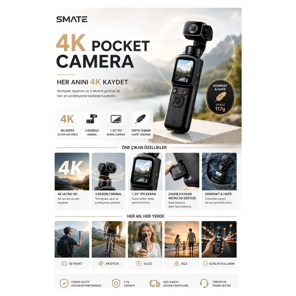 Smate 4K Pocket Camera Profesyonel Vlog Kamerası Gimbal Özellikli Titreşim Önleyici Otomatik Dönüş ve Yüz Takibi - Siyah