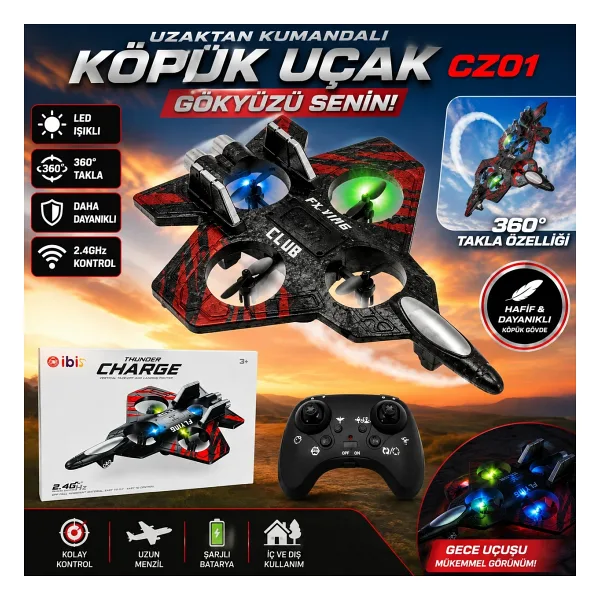 Uzaktan Kumandalı Köpük Uçak 25 cm CZ01 LED Işıklı RC Drone Uçak 2.4GHz Şarjlı Takla Özellikli