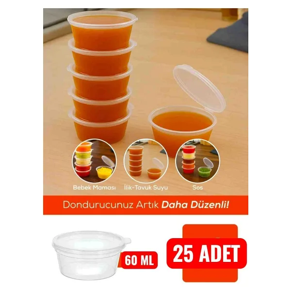 25 Adet 60 cc Kapaklı Sızdırmaz Sos Kabı,et Suyu ,tavuk Suyu , Bulyonluk , Derin Donduruculuk Tekrar Kullanılabilen Sert Plastikten Üretilmiştir - 60 ml