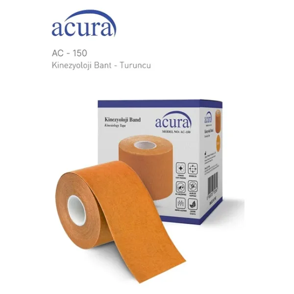 Ac-150 Yüz & Vücut Uyumlu Hipoalerjenik Kinesyo Tape Ağrı Bandı 5m X 5cm Turuncu Renk 1 Beden