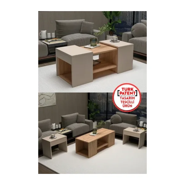 ARNETTİ Sartos 3'lü Zigonlu Modern Orta Sehpa Salon Sehpası, Atlantik Çam Bej - Sartos