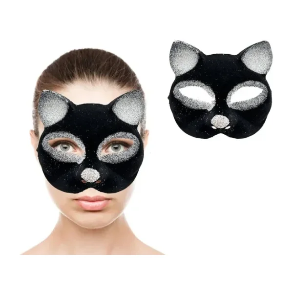 Büro Ev Ofis Gösteri Kedi Kostümü için 18x14CM Siyah Silver Simli Süet Kaplı Maske