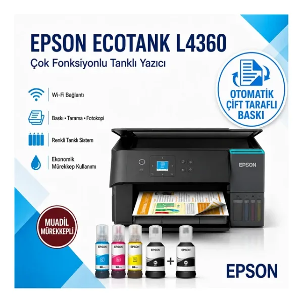 Epson EcoTank L4360 Wi-Fi + Tarayıcı + Fotokopi Renkli Çok Fonksiyonlu Tanklı Mürekkep Püskürtmeli Yazıcı - Muadil Mürekkepli