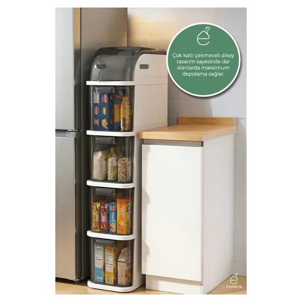 EVONİTA Pro Slim 4 Katlı Çekmeceli Organizer Dolap Çekmeceli Erzak Dolabı Mutfak Banyo Kiler Düzenleyici
