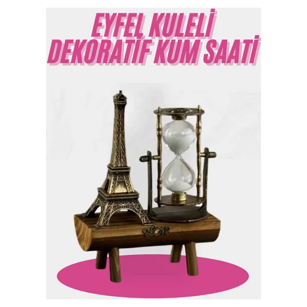 Eyfel Kulesi Tasarımlı Kum Saati Kristalleştirilmiş Kum Saati Dekoratif Ahşap Görünümlü