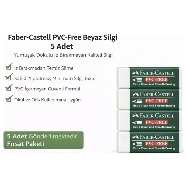 Faber-Castell No24 Pvc Free Beyaz Silgi 5 Adet İz Bırakmayan Yumuşak Dokulu Okul Ofis Silgisi