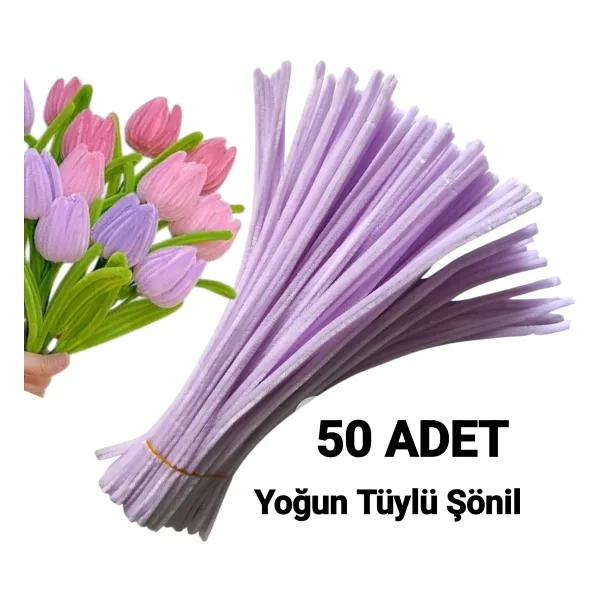 hyc heryerçiçeklenir 50 Adet Lila Şönil, Çiçek Yapımına Uygun Tüylü Tel, 30 cm 6 mm