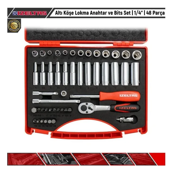 İzeltaş 14000005131 1/4" 48 Parça Bits ve Altı Köşe Lokma Anahtar Takımı