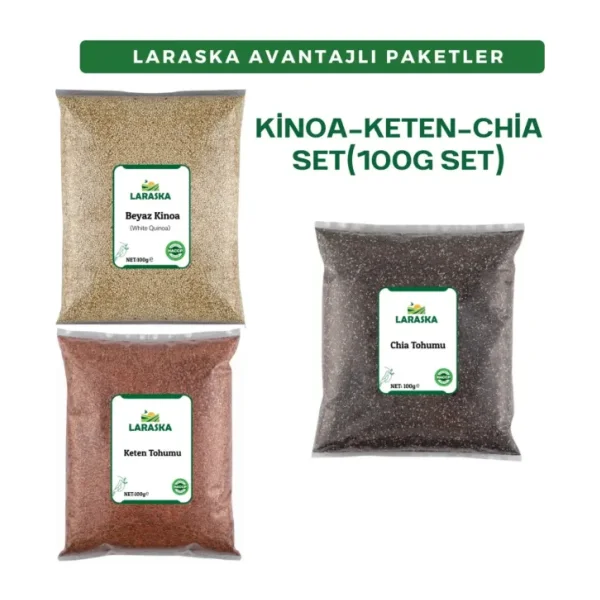 Laraska Chia Tohumu-Çiya Tohumu 100G -Keten Tohumu 100G - Beyaz Kinoa 100G -Set- Chia Seeds- Brown Flaxseed- White Quinoa Set (100GX3) - 1 Adet