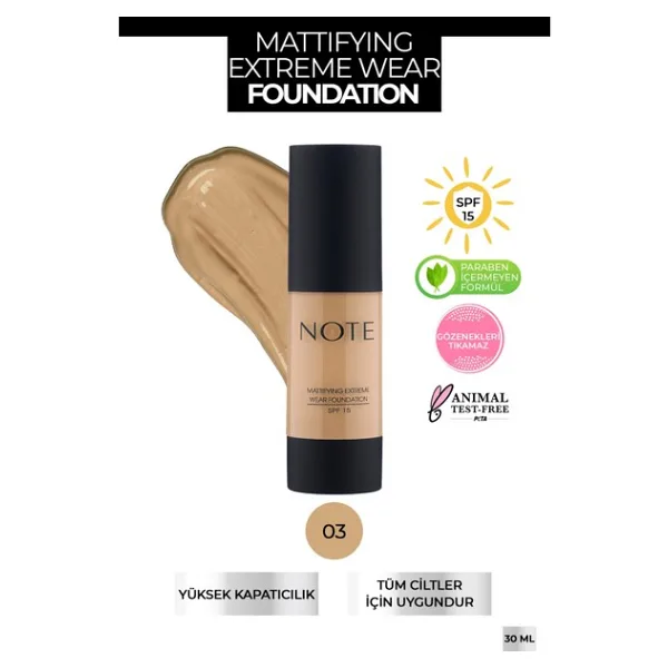 Note Cosmetics Mattifying Extreme Wear Fondöten 03 Medium Beige SPF 15 Yüksek Kapatıcılık ve Mat Bitiş