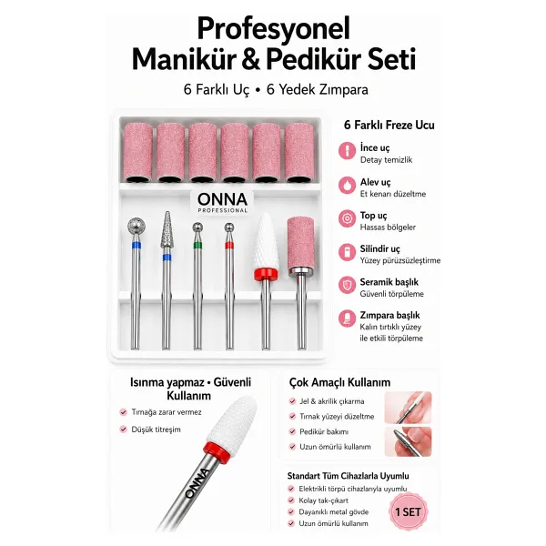 Onna Professıonal 6 Parça Profesyonel Tırnak Freze Uç Seti - Manikür & Pedikür Uyumlu, Seramik Ve Taş Uçlu