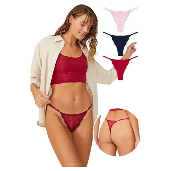 Önü Dantelli Tül Detaylı Kadın Tanga 3'lü Paket Külot