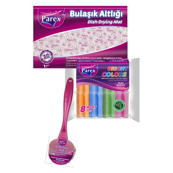Parex Bulaşık Altlığı 8'li Oluklu Sünger ve Saplı Ovma Teli Paketi