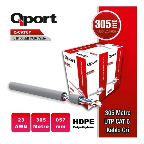 QPORT Q-CAT6Y 305 MT UTP PE CAT6 NETWORK KABLO GRI 23AWG 0.57MM