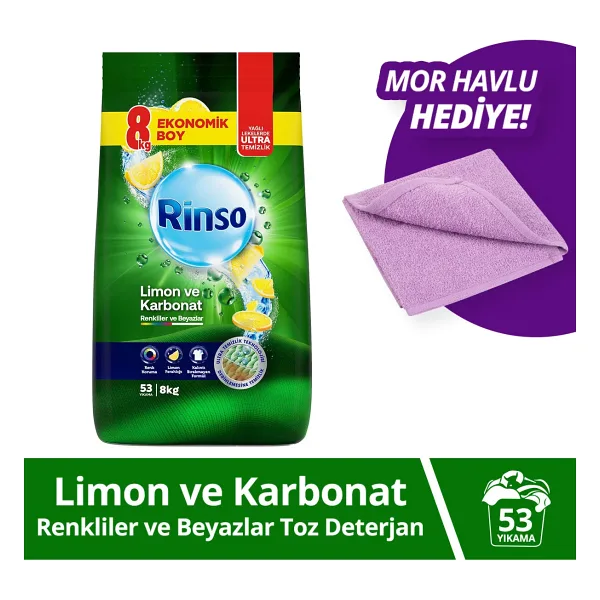 Rinso Toz Çamaşır Deterjanı Renkliler Ve Beyazlar Için Limon Ve Karbonat 8 Kg X1 Havlu Hediye