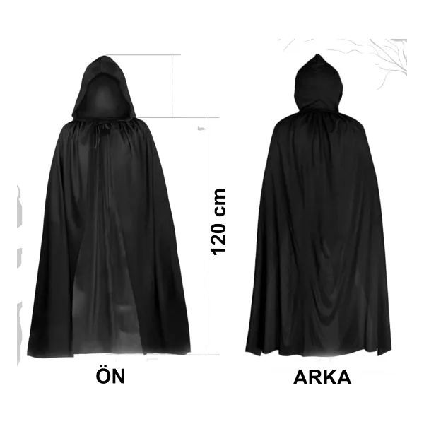 Siyah Uzun Pelerin 120 Cm Kapüşonlu - Cosplay Ve Parti Kostümü