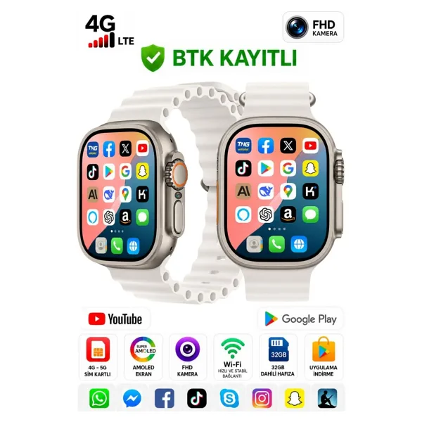 SONREİR Watch One Ultra 4G SIM Kartlı Android Akıllı Saat Kameralı GPS WiFi YouTube Destekli Çocuk-Yetişkin 8,9,10,11