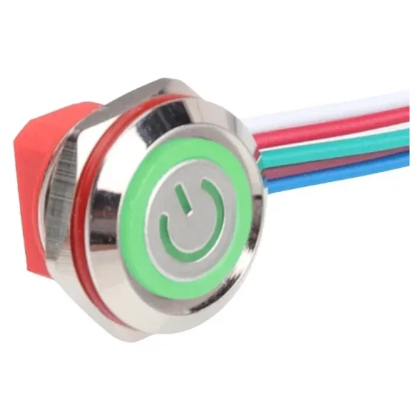 WD12C1-Wired-P1-EC 12mm Düz Yaylı Yeşil Işıklı Metal Buton - Kablolu