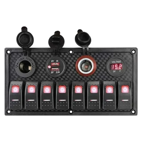 8'li ON-OFF Kırmızı Işıklı Anahtar Panel 2x5V USB 2xÇakmaklık ve Voltaj Göstergeli