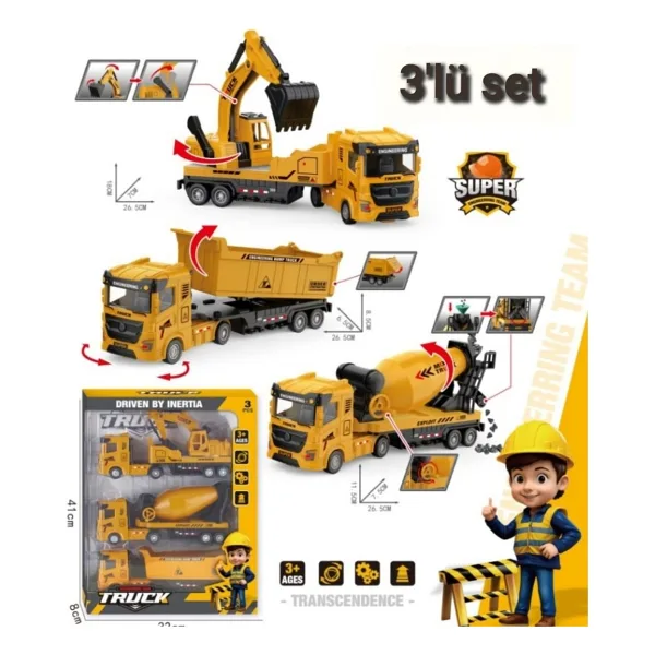 Berattoys 3lü Set Büyük Iş Makinaları Kırılmaz Iş Araçları 28 cm Sürtmeli Kamyon Kepçe Mikser