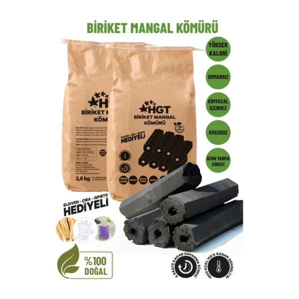 Briket Mangal Kömür Doğal Kimyasal Sız Presle Üretilmiş Dumansız Kokusuz Yüksek Isı 2,5 kg (Hediyeli) - Bej - 1 Adet
