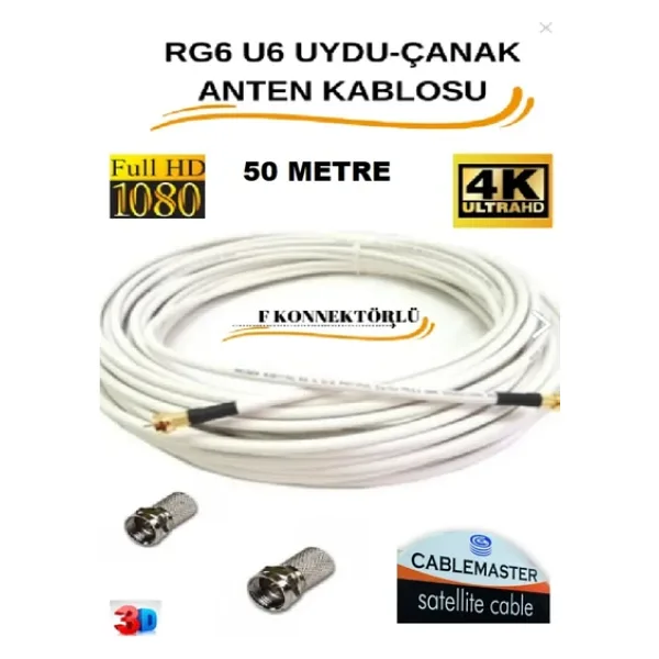 CABLEMASTER 50 METRE Uydu Çanak Anten Kablosu CM-101 48 TEL RG6 U4 BAKIR ALIŞIMLI 2 Adet Connektör Dahil