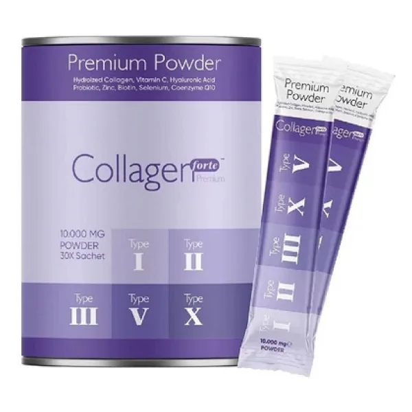 Collagen Forte Premium Powder (Toz) 5 Tip Kolajen 10.000Mg X 30 Şase, Orman Meyveli Aroma