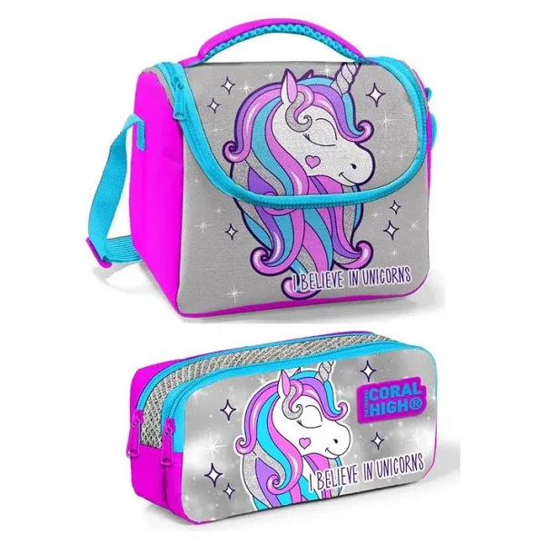 Coral High Pembe Mavi Kız ve Unicorn Kız Çocuk Beslenme Çantası Seti - Pembe Unicorn ve Kız