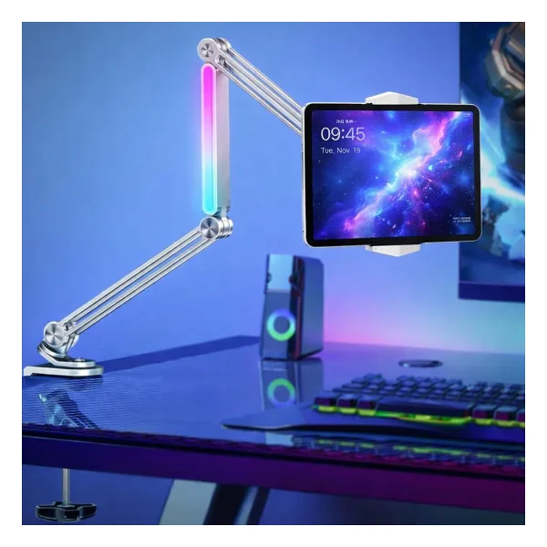 CoverZone P67H Profesyonel Ayarlanabilir LED Işıklı Uzun Kollu Alüminyum Masaüstü 14.6 Inç Kadar Uyumlu iPad ile Uyumlu Tablet Stant ve Tutucu Cantilever Kol Tasarım, 360° Döner, Tablet Standı