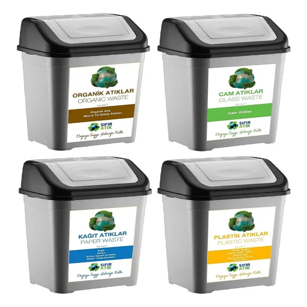 Deembro Sıfır Atık Kutusu 50 Ltx 4 Adet Geri Dönüşüm Kutusu Plastik Tek Kapaklı Kağıt Organik Cam Plastik