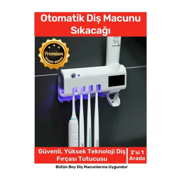 Deluxe Usb Şarjlı Güneş Enerjili Otomatik Diş Macun Sıkacağı Sterilizatörlü 4 Adet Fırçalığı Tutucu